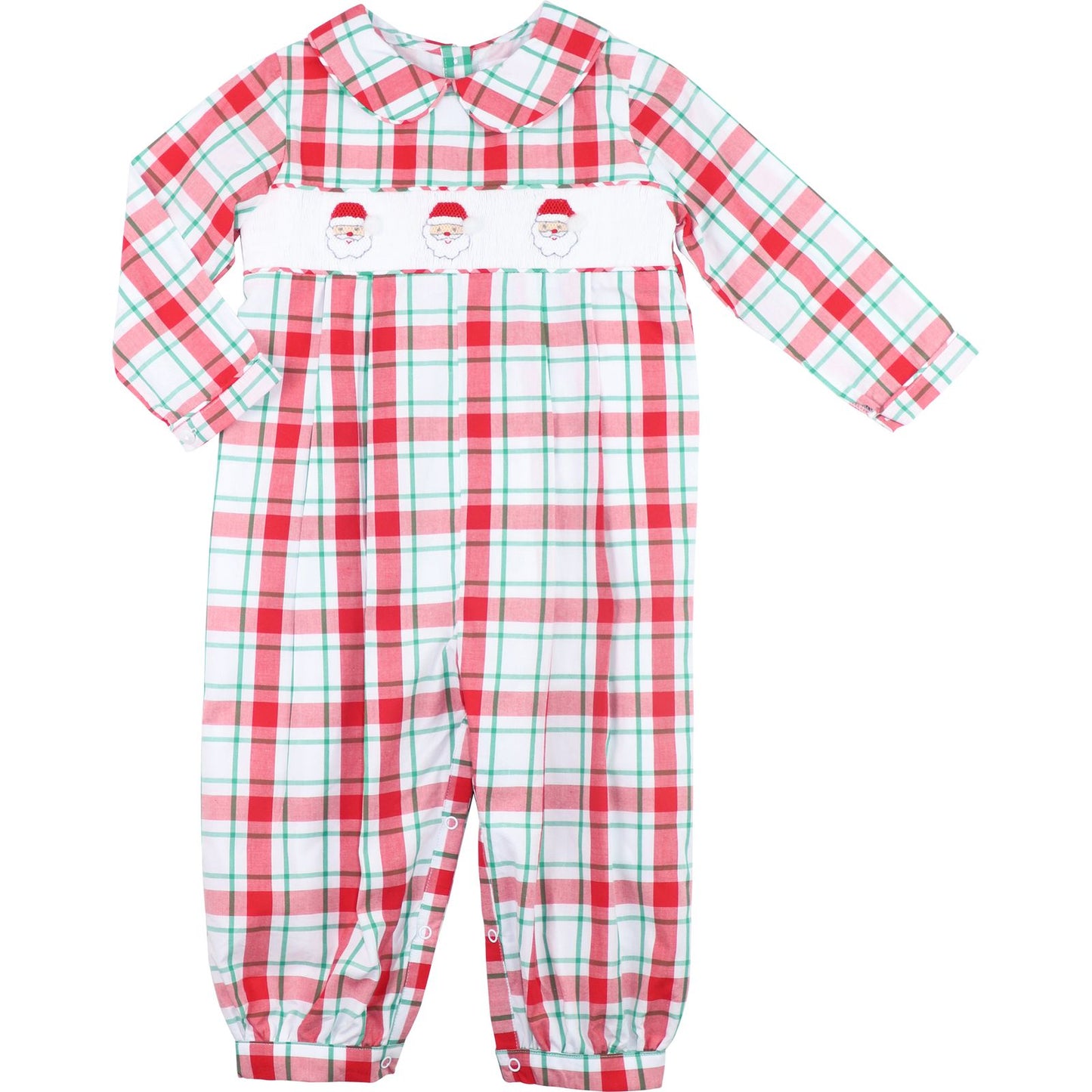 Red Plaid Smocked Santa Long Romper