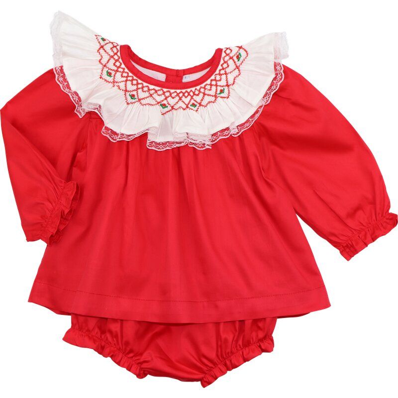 Red Smocked Lace Collar Diaper Set