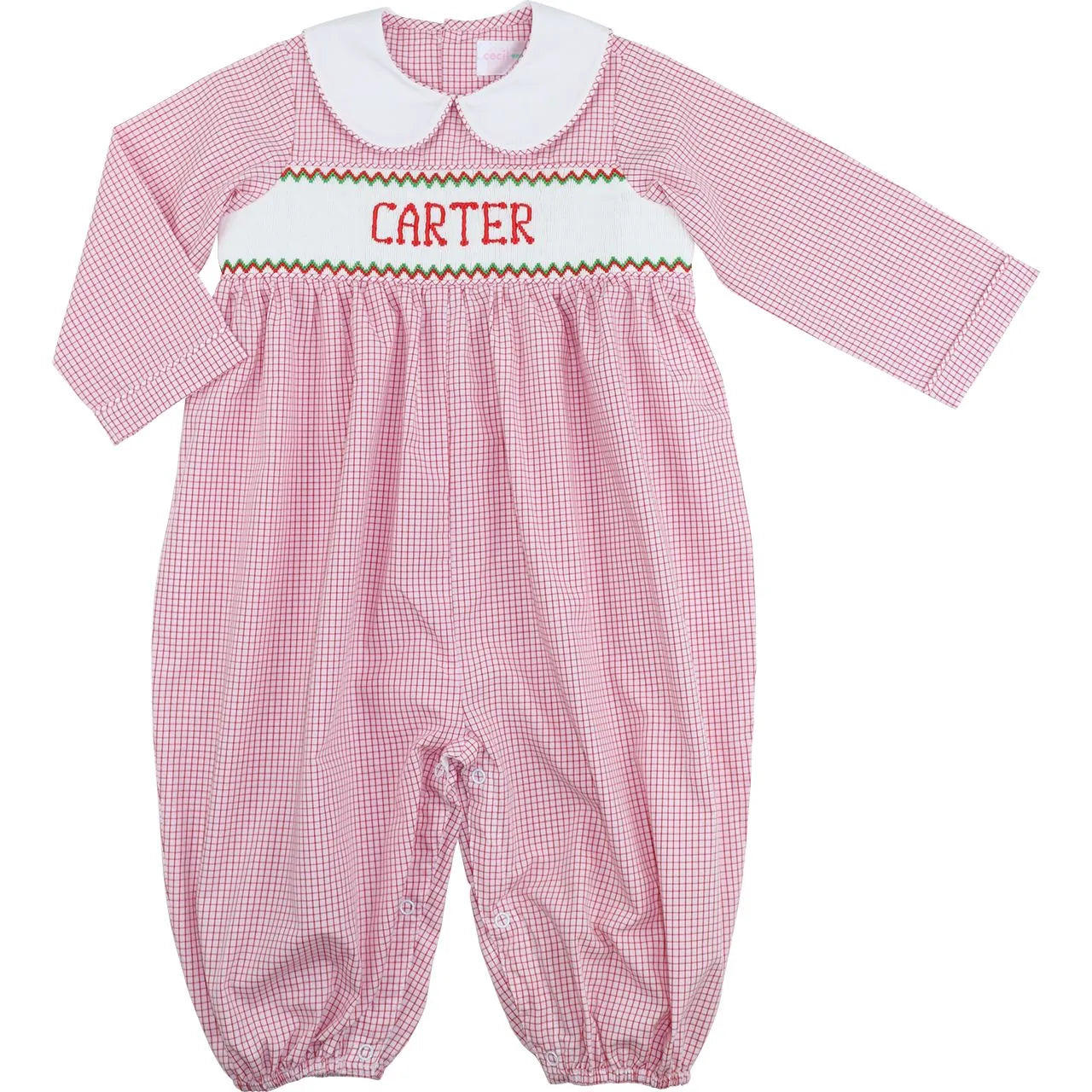 Red Windowpane Custom Smocked Long Romper