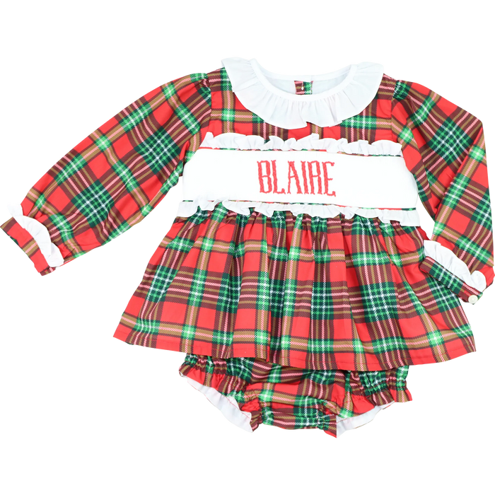 Red and Green Plaid Custom Smocked Diaper Set