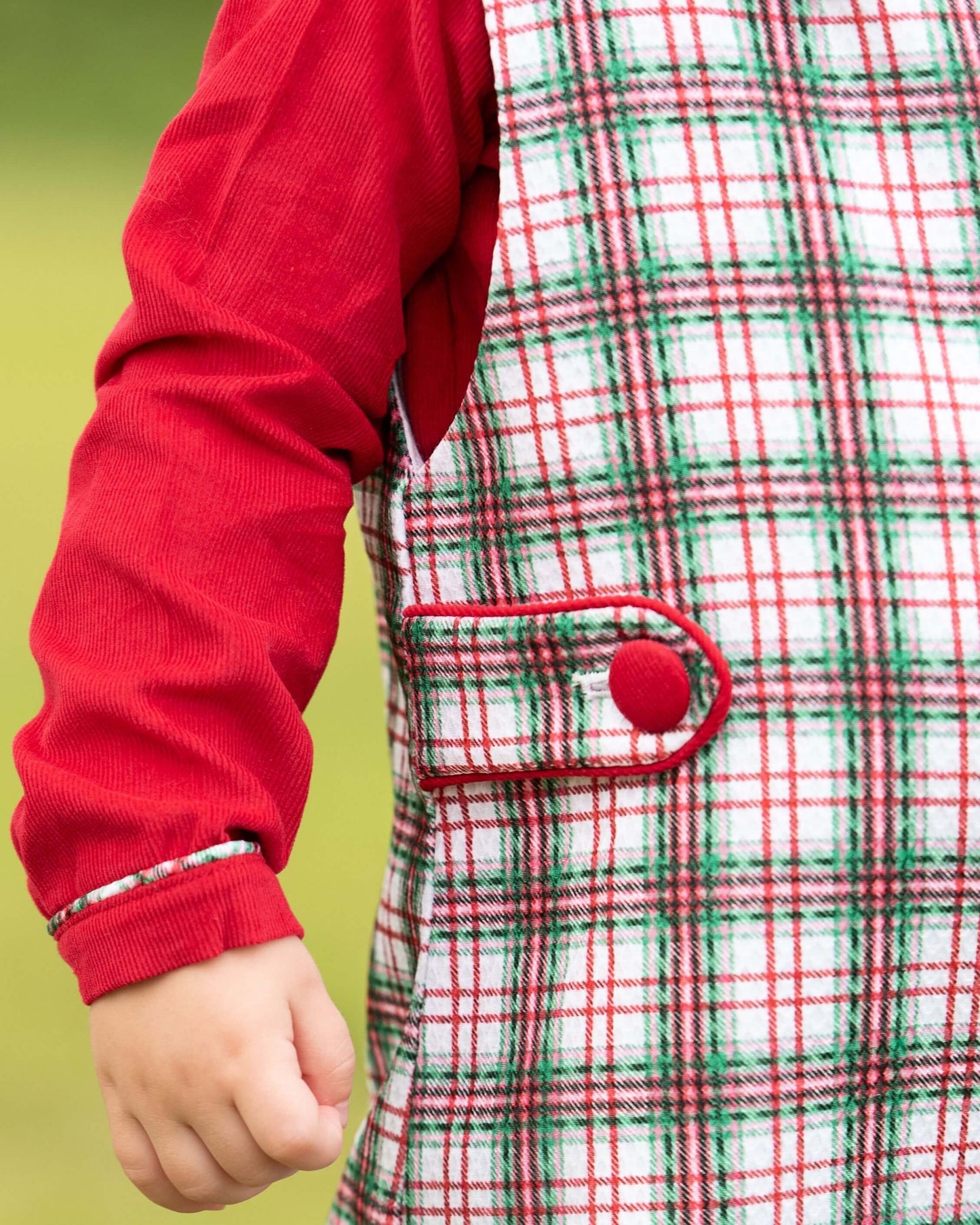 Red sleeve and plaid coat with a green background