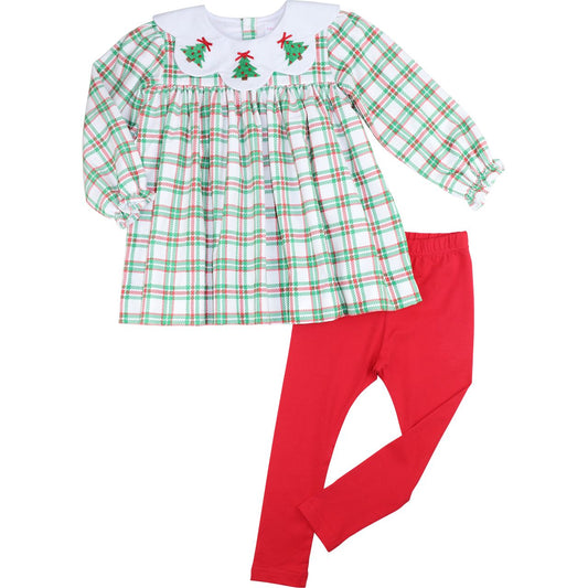 Corduroy Plaid Embroidered Christmas Tree Legging Set