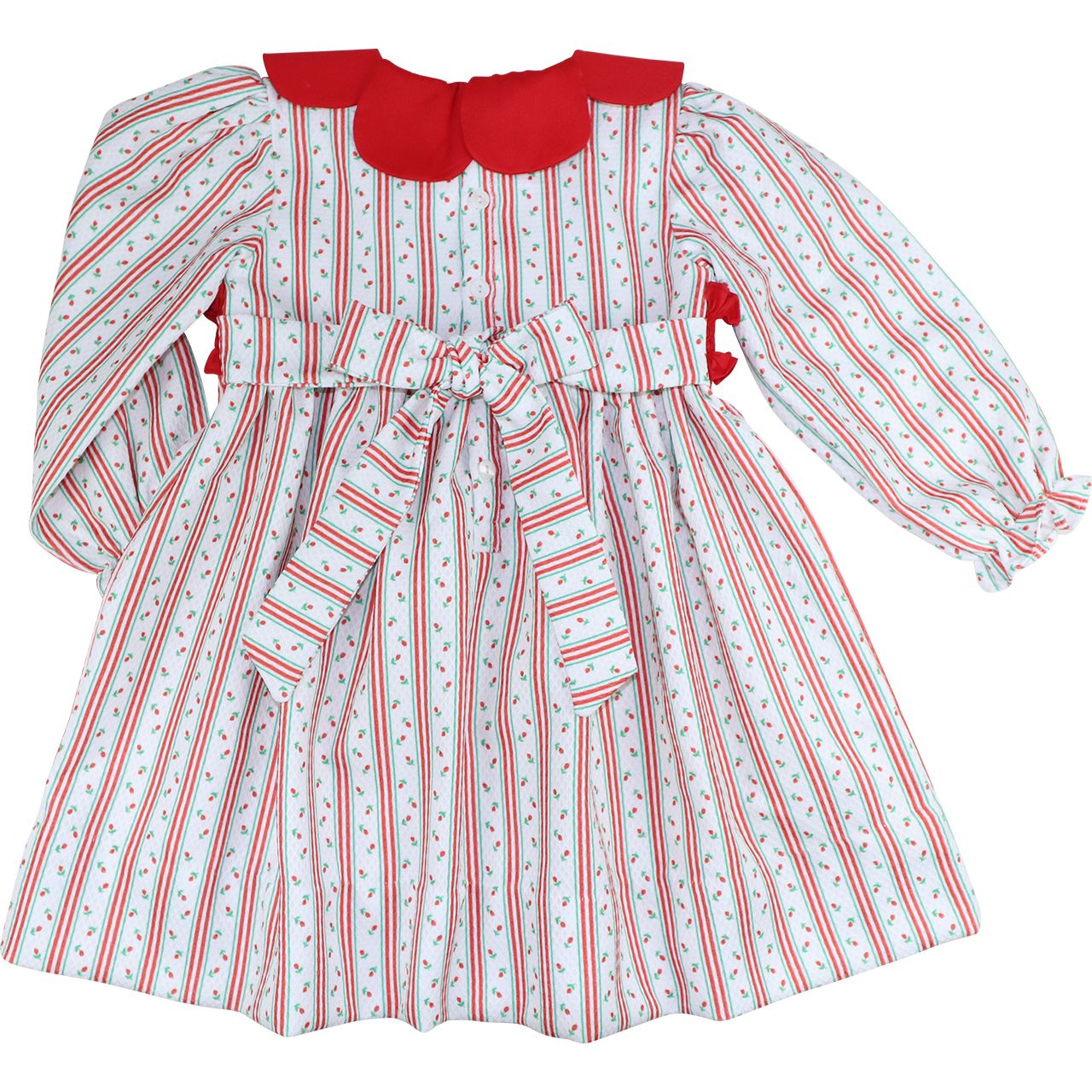 Red And Green Rosebud Smocked Petal Collar Dress
