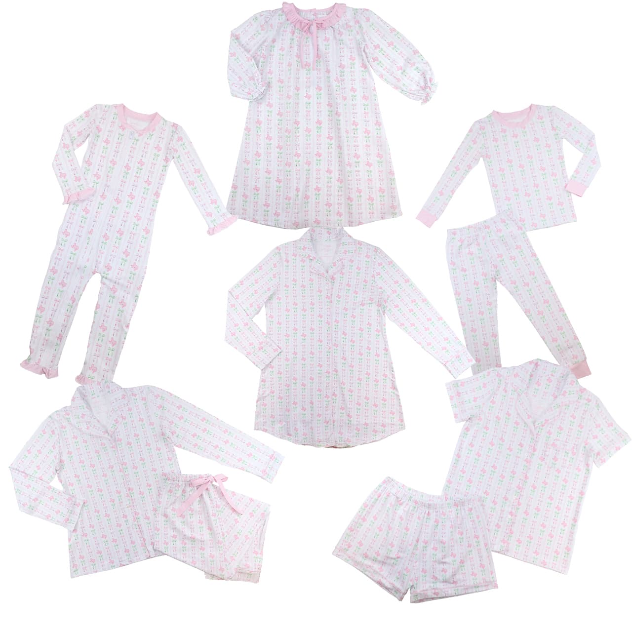 Set of pink and white checkered pajama sets on a white background