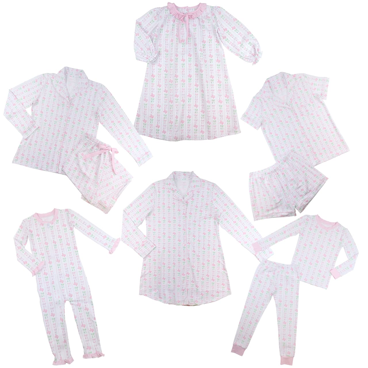 Set of pink and white checkered pajama sets on a white background