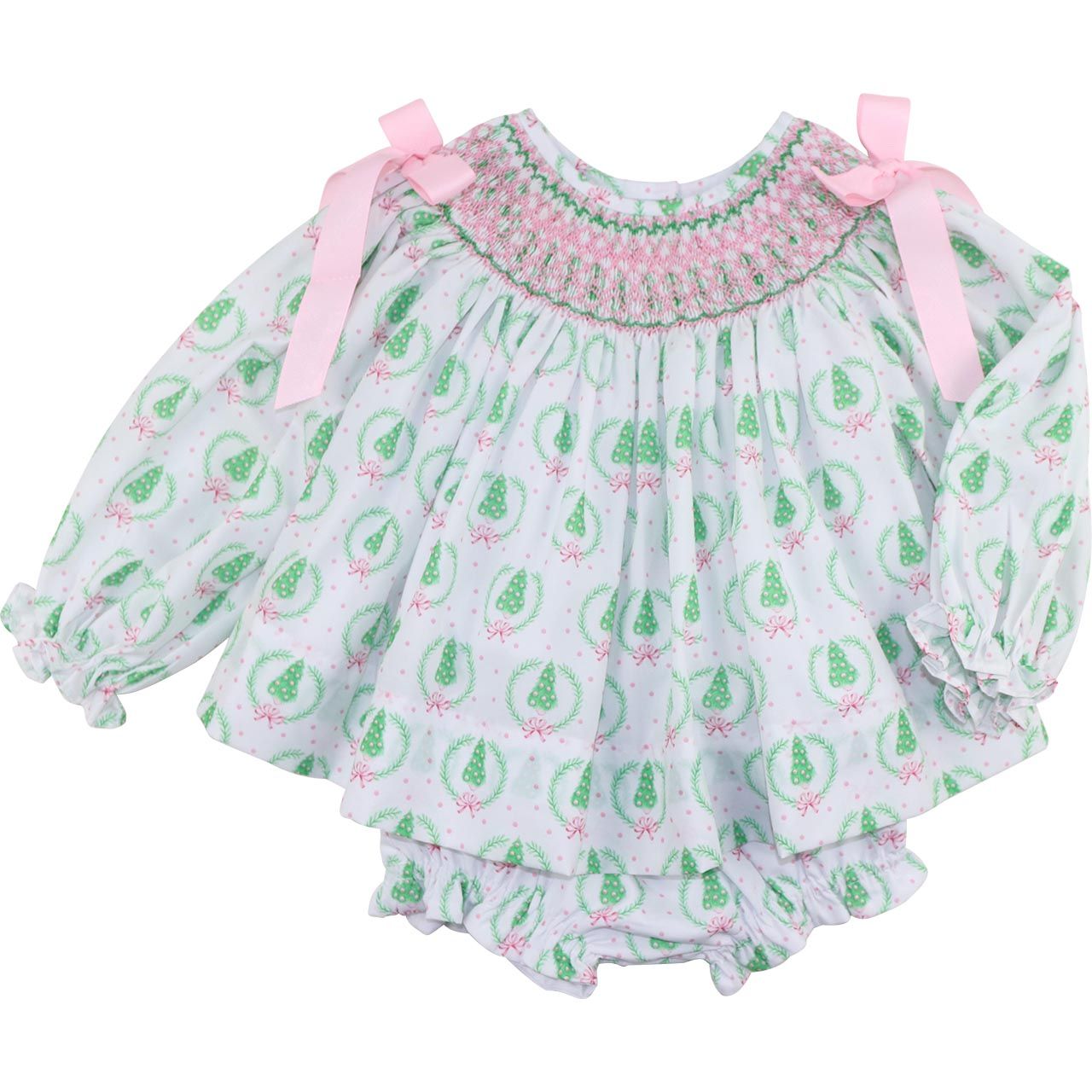 Smocked Christmas Tree Bow Diaper Set