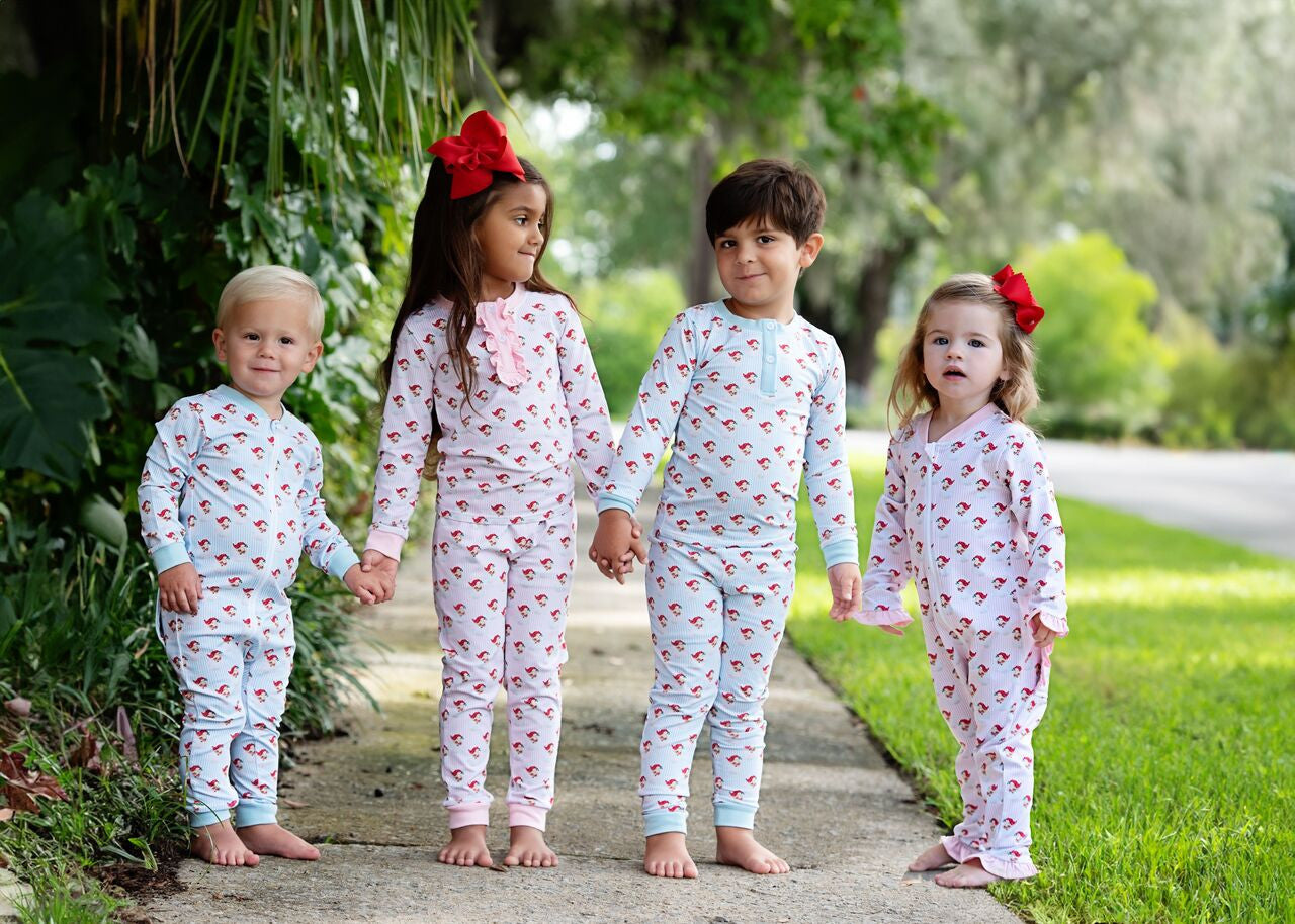Pink And Red Gingham Knit Santa Face Zipper Pajamas