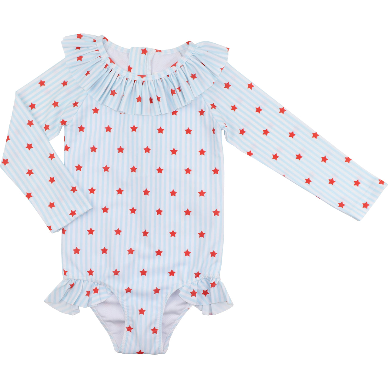 White swimsuit with red star pattern and ruffled long sleeves on a white background