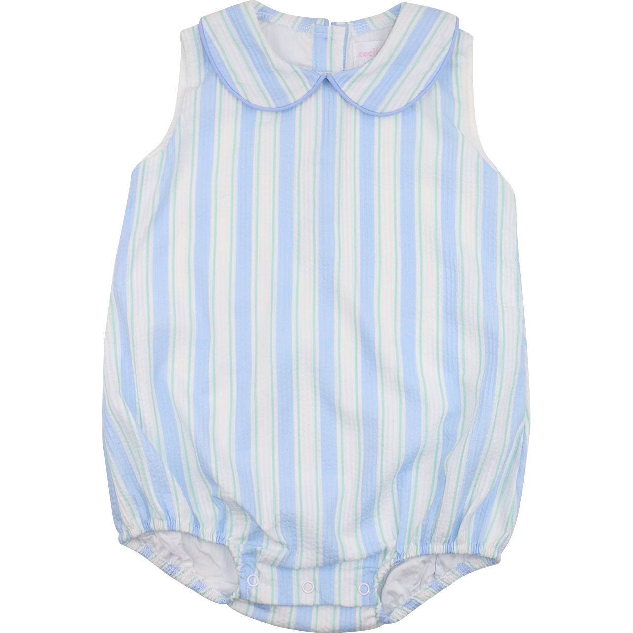 Sleeveless pastel blue and mint striped seersucker baby bubble romper with Peter Pan collar and snap bottom.