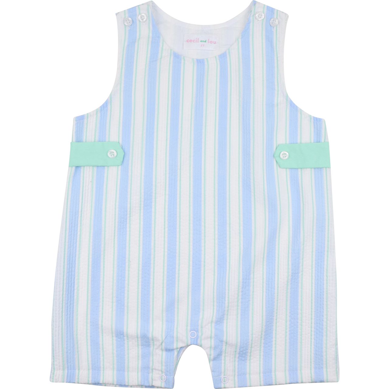 Pastel blue and mint striped seersucker baby boy jon jon romper with button shoulders, mint side tabs, and snap bottom.