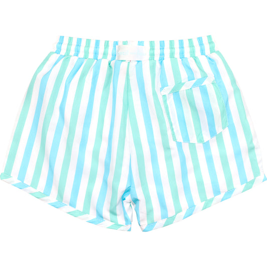 Striped shorts with blue and green stripes on a white background