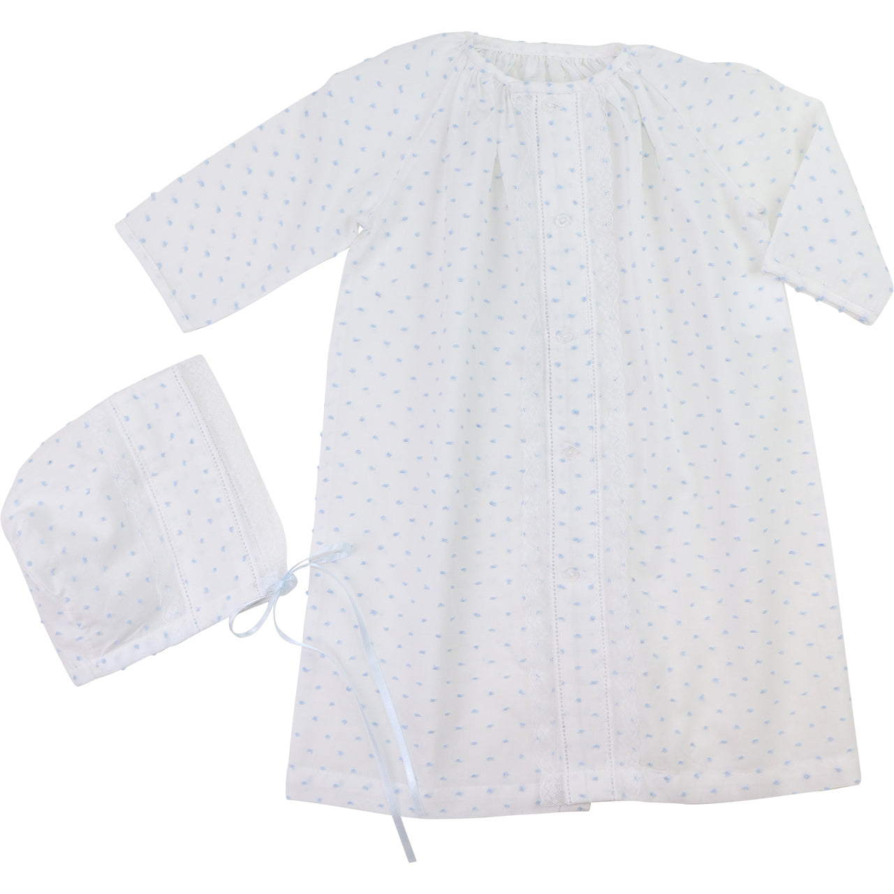 Baby gown with long sleeves and matching bonnet on a white background