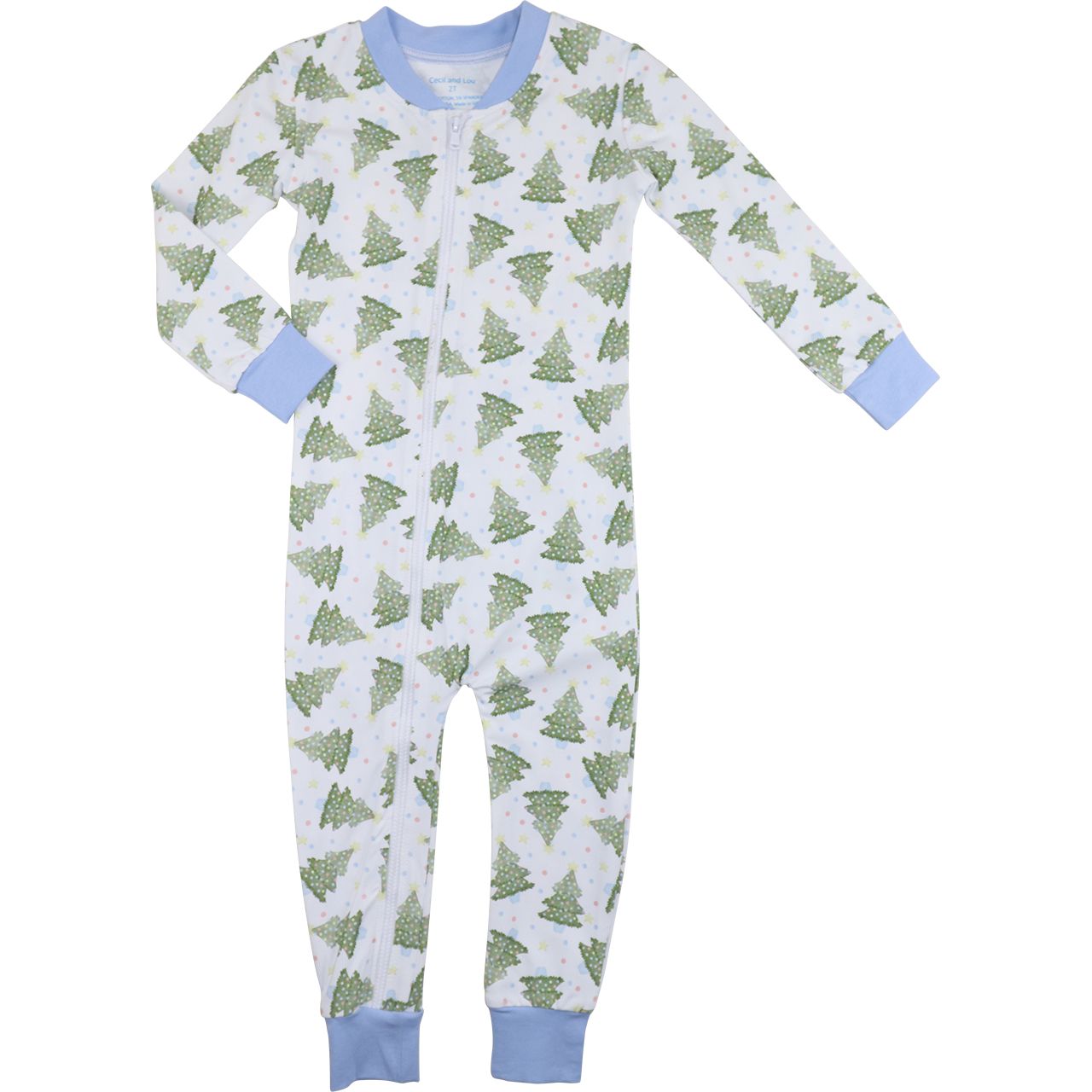Blue Knit Christmas Tree Print Zipper Pajamas