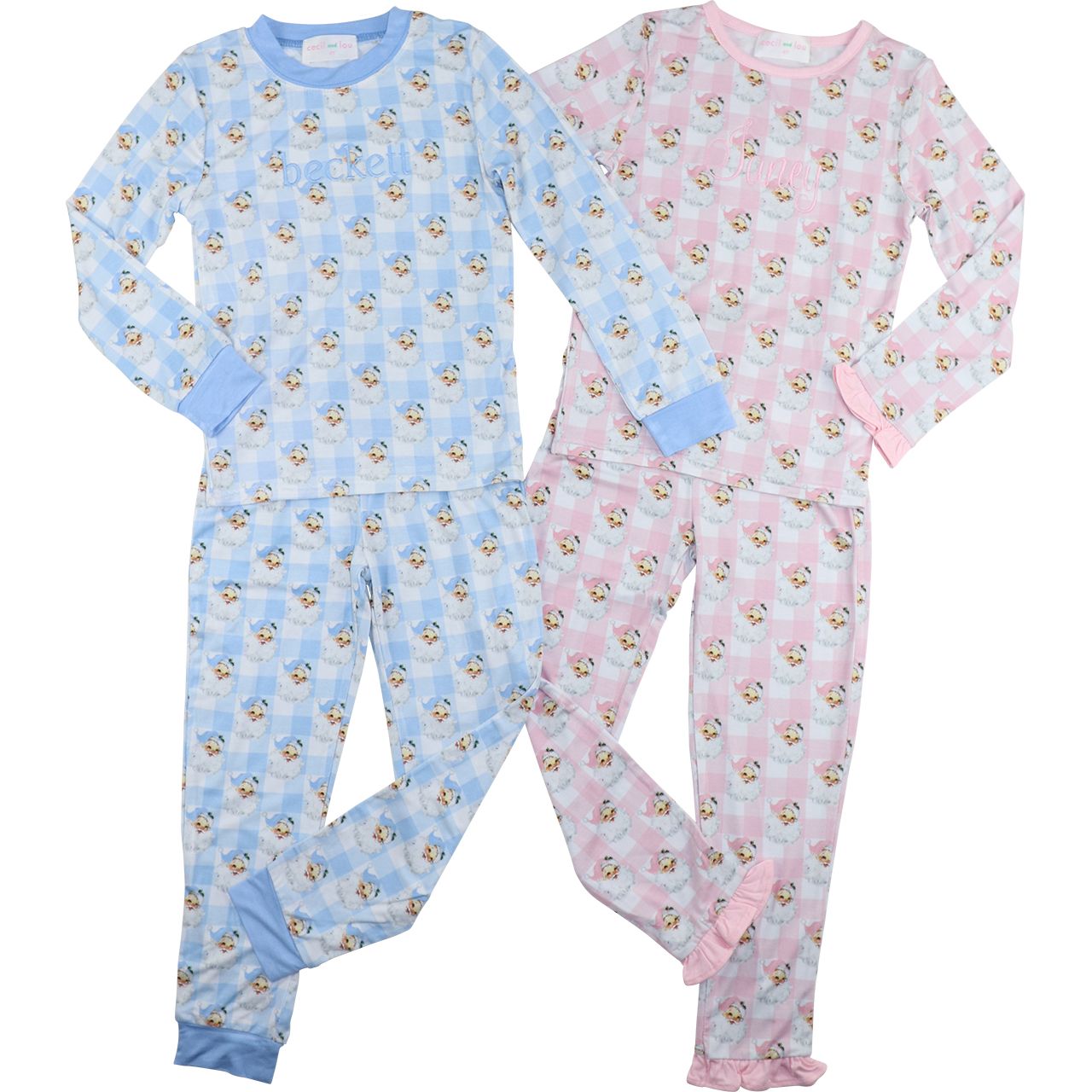 Two children's pajama sets, one blue and one pink, with animal patterns on a white background.