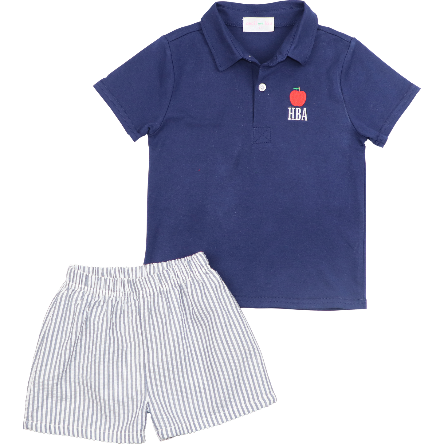 Navy Seersucker Apple Polo Short Set