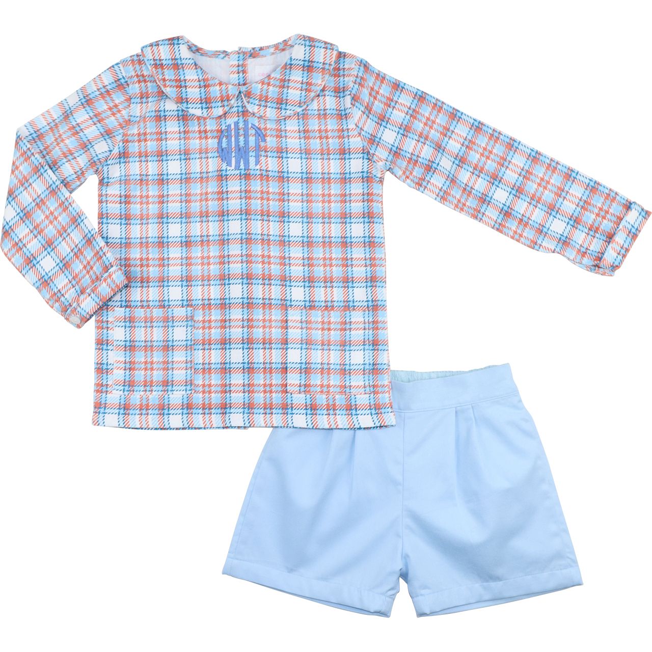 Blue And Orange Corduroy Plaid Short Set
