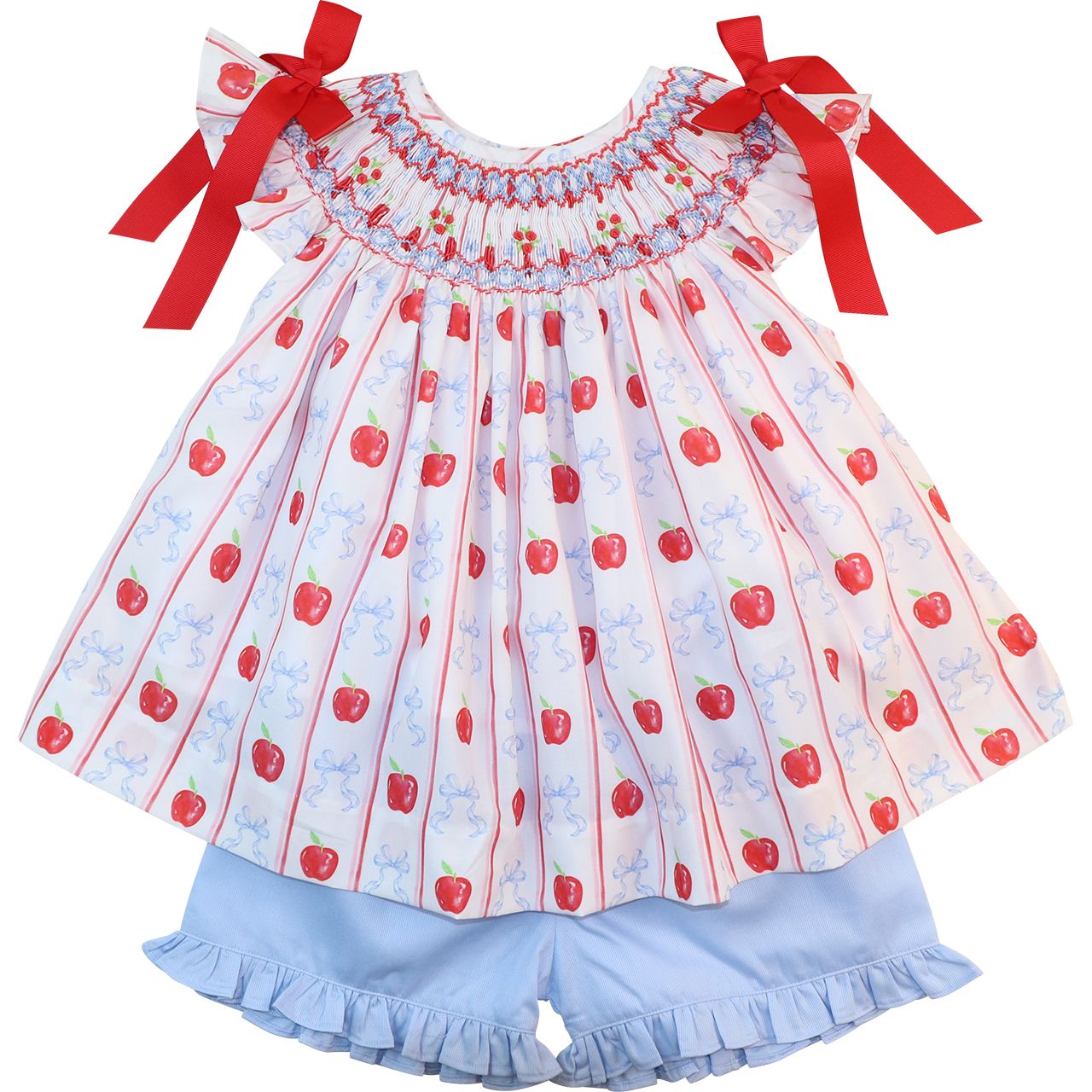 Red And Blue Smocked Apples And Bows Short Set