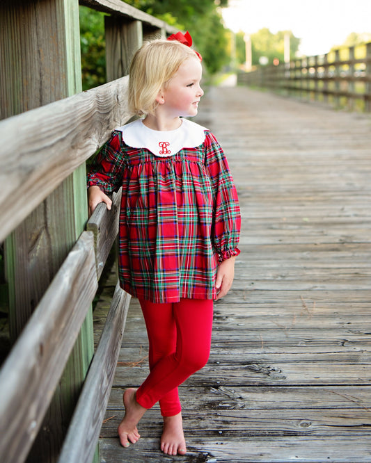 Red Christmas Plaid Scalloped Collar Legging Set
