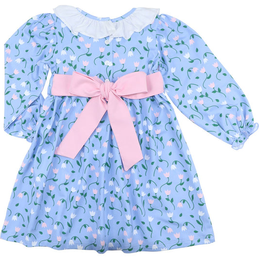 Blue And Pink Tulip Print Knit Floral Dress