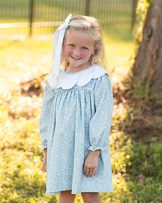 Blue Floral Corduroy Petal Collar Dress