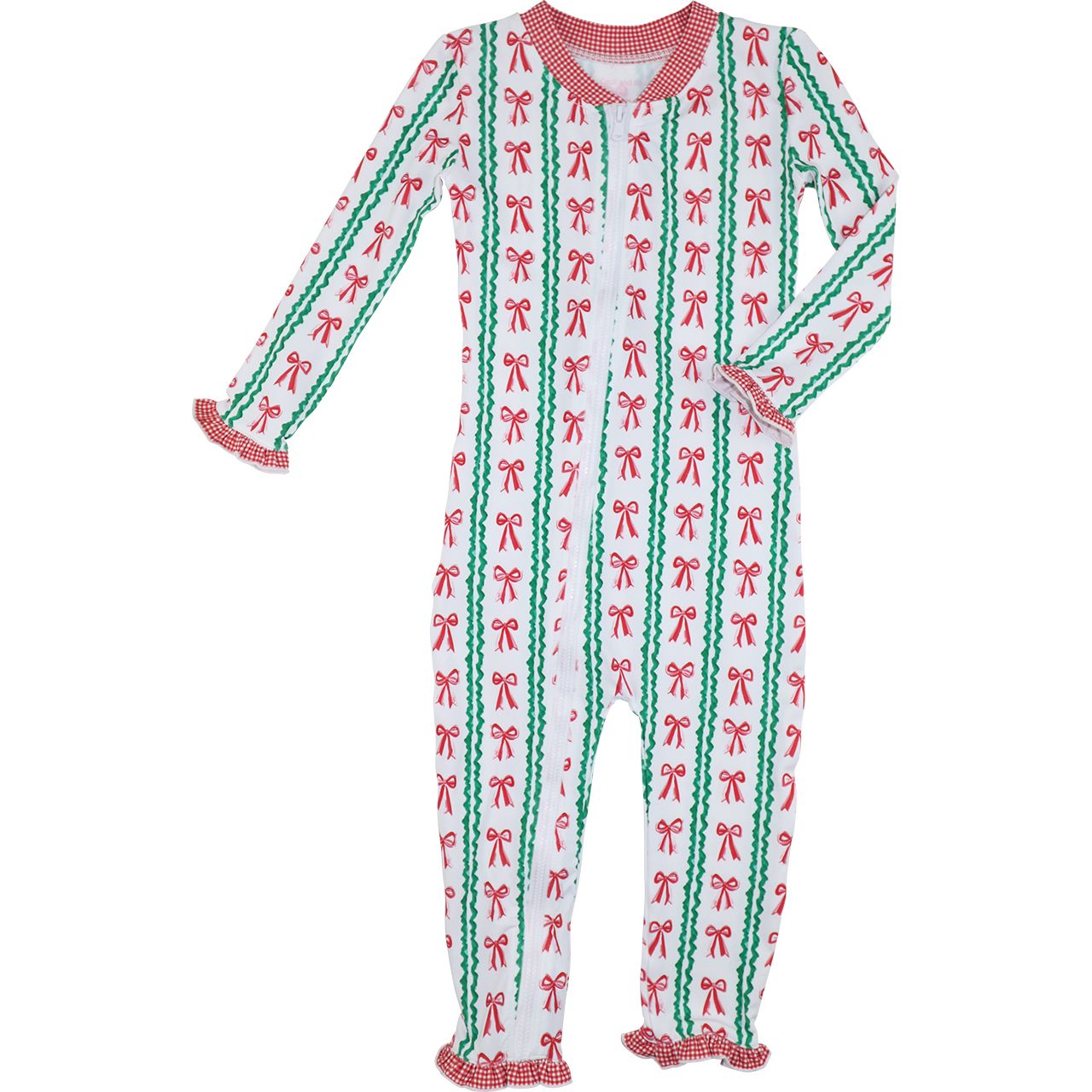 White onesie with red and green bow pattern on a white background