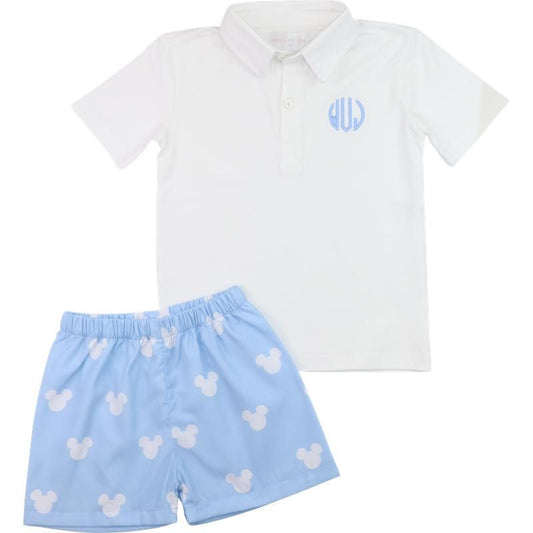 Blue And White Mouse Ears Polo Short Set