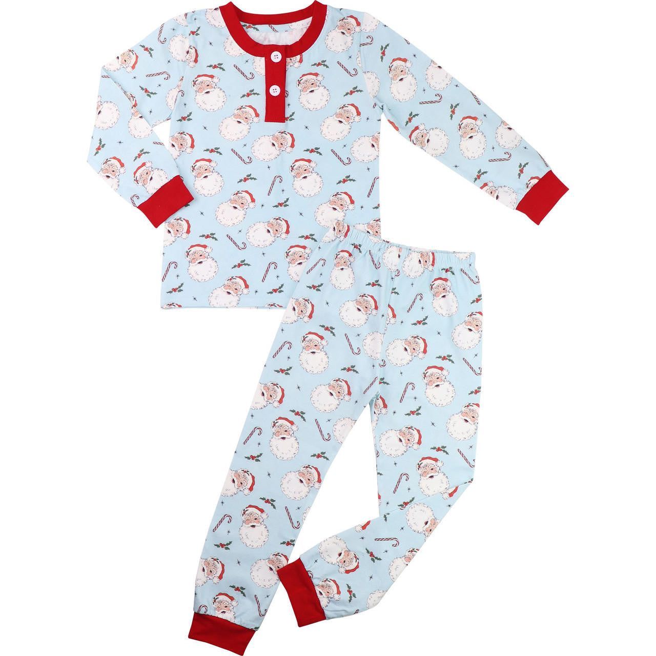 Blue Knit Vintage Santa And Candy Cane Pajamas
