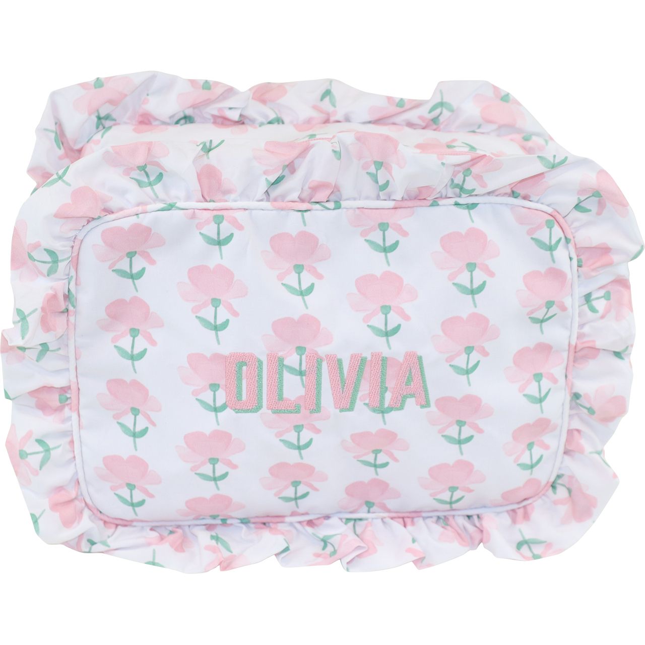 Pink And Green Floral Ruffle Zipper Pouch