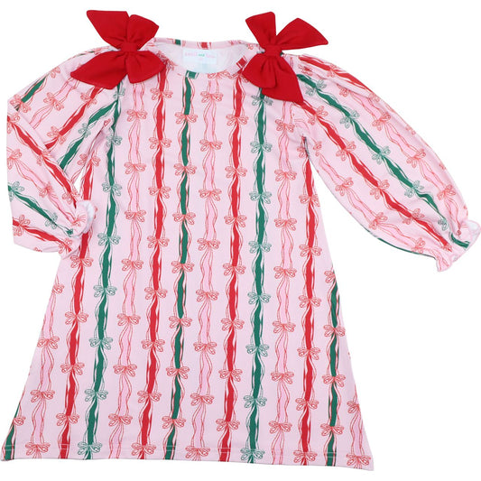 Pink Knit Holiday Ribbon And Bow Dress