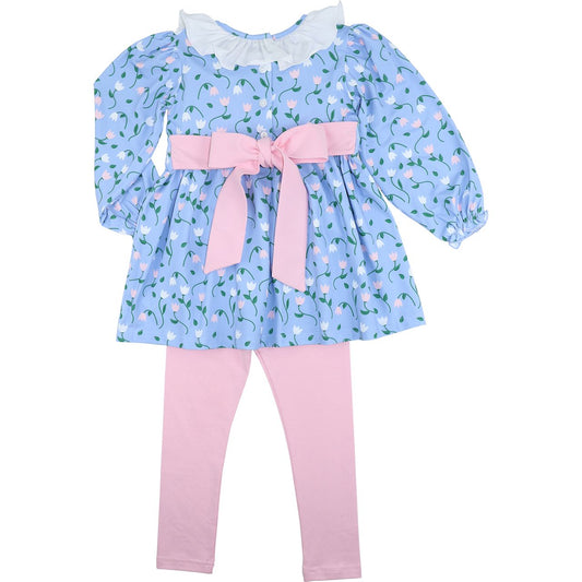 Blue And Pink Tulip Print Knit Floral Legging Set