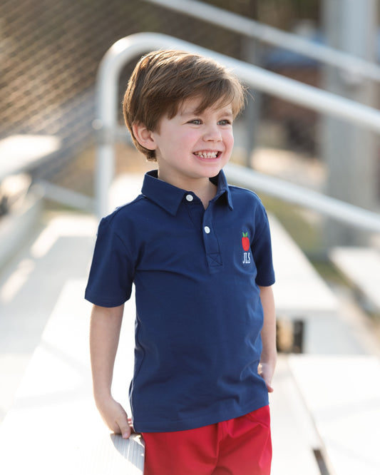 Navy And Red Embroidered Apple Polo Short Set