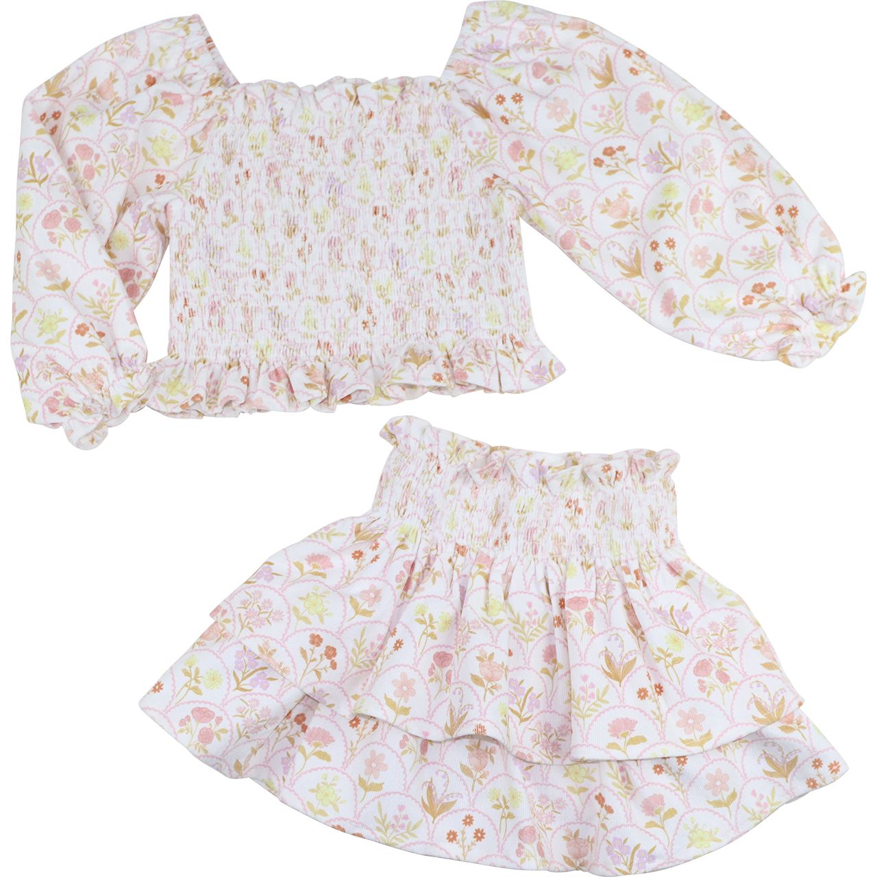 Fall Scalloped Flower Print Smocked Skirt Set