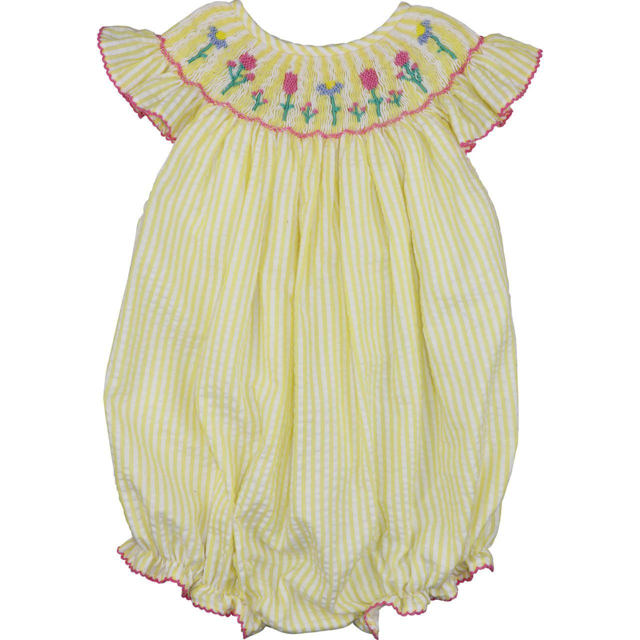 Yellow Seersucker Smocked Flower Bubble