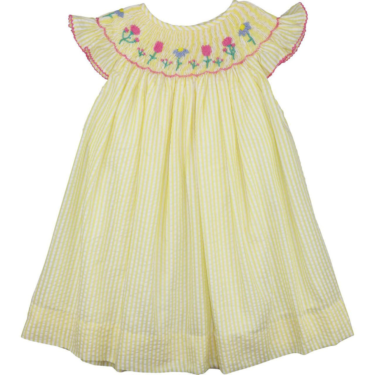 Yellow Seersucker Smocked Flower Dress