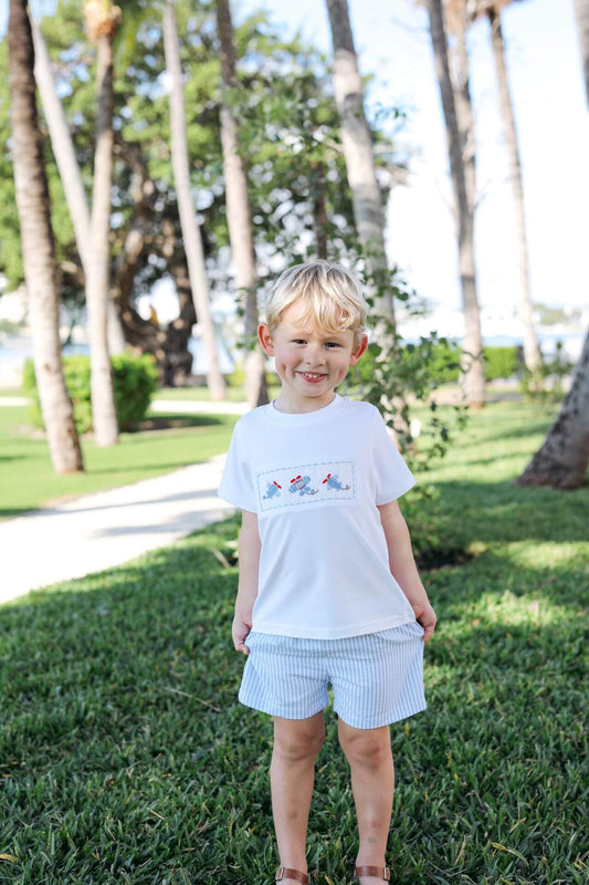 Young boy standing on grass with palm trees in the background