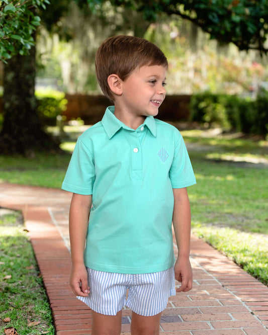 Young boy wearing a light blue polo shirt and striped shorts standing on a brick path with greenery in the background.