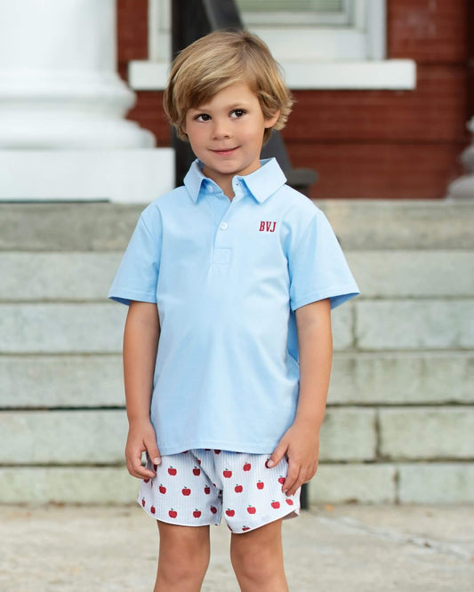 Young boy wearing a light blue polo shirt and white shorts with red patterns, standing on steps.