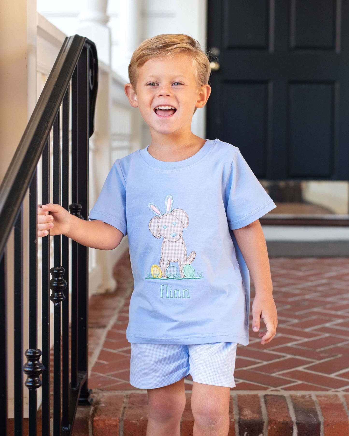 Young boy wearing a light blue t-shirt with a dog graphic and shorts, standing on a staircase.