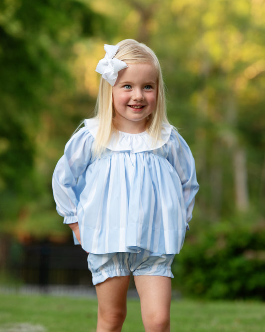 Young girl in Blue And White Striped Diaper Set