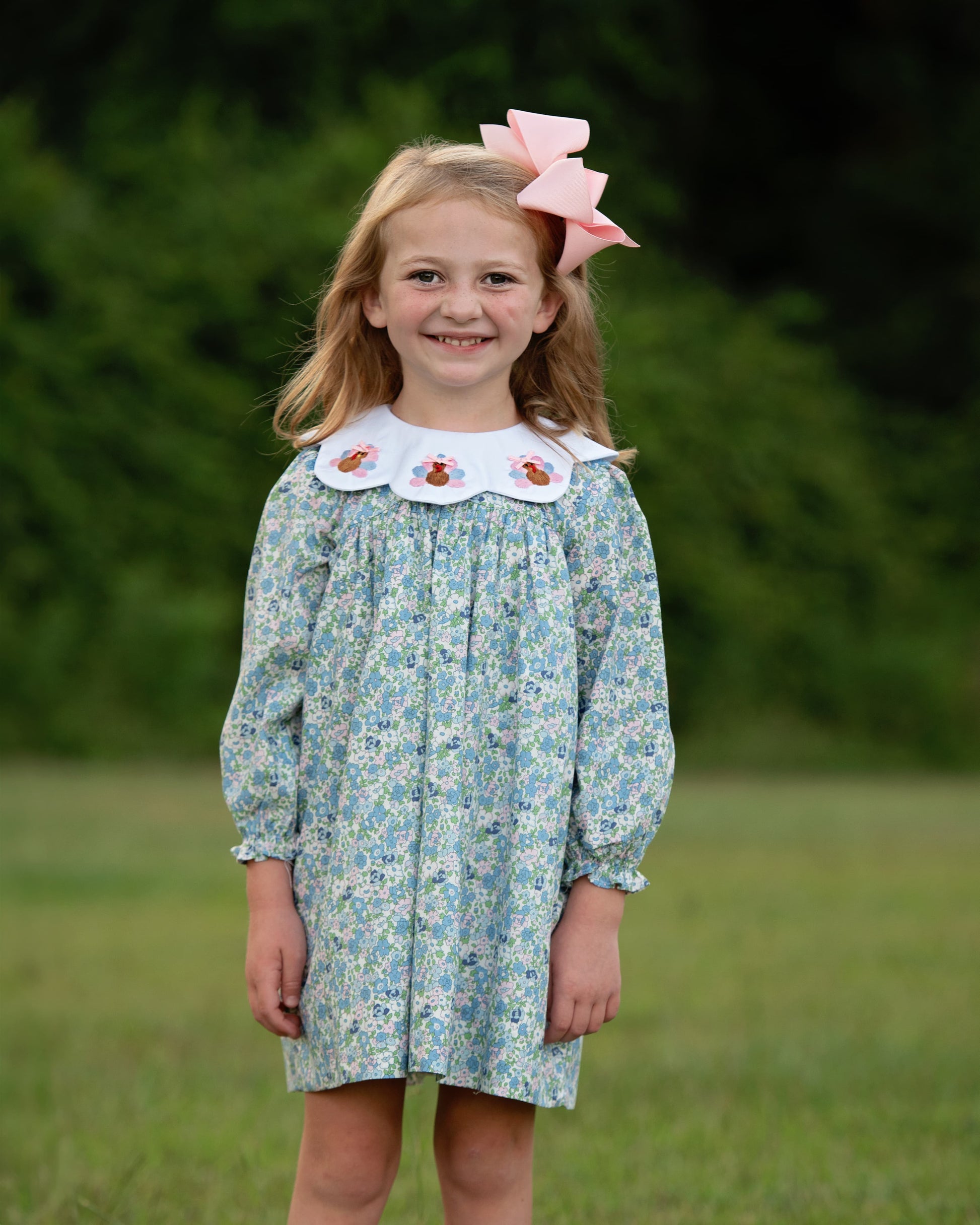 Young girl wearing a floral dress with embroidered turkeys on the collar and pink bow outdoors.