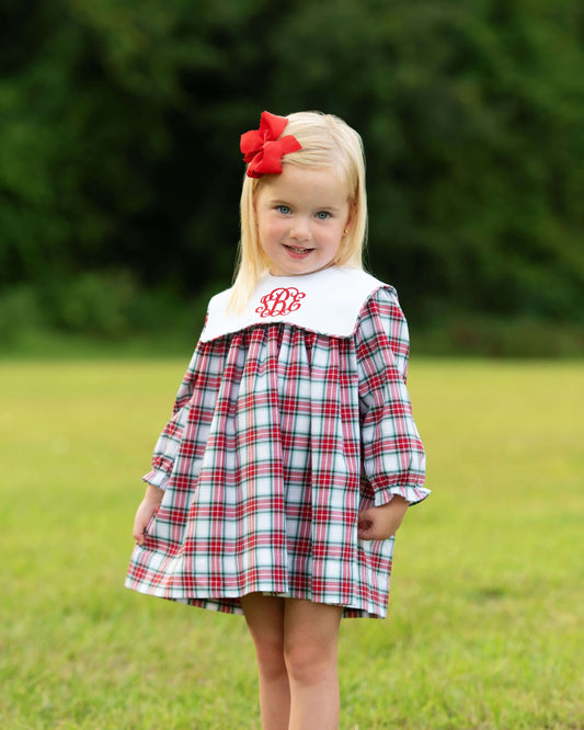 Young girl wearing a plaid dress with a red bow in a grassy outdoor setting