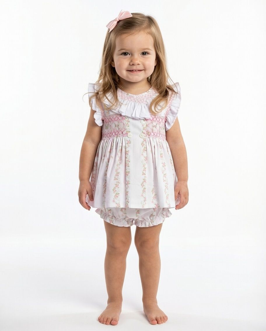 Young girl wearing a white dress with floral patterns on a white background