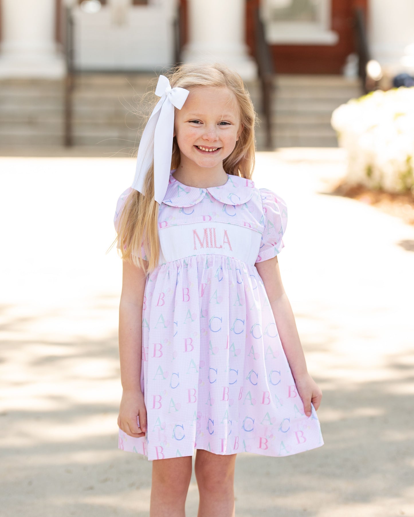 Pink Custom Smocked Alphabet Dress