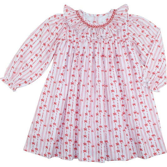 Red Smocked Candy Cane Bow Dress
