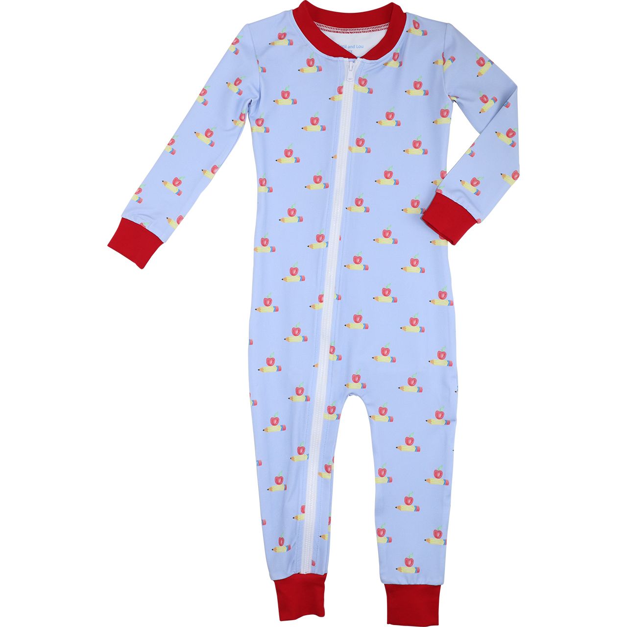 Blue Pencil And Apple Knit Zipper Pajamas