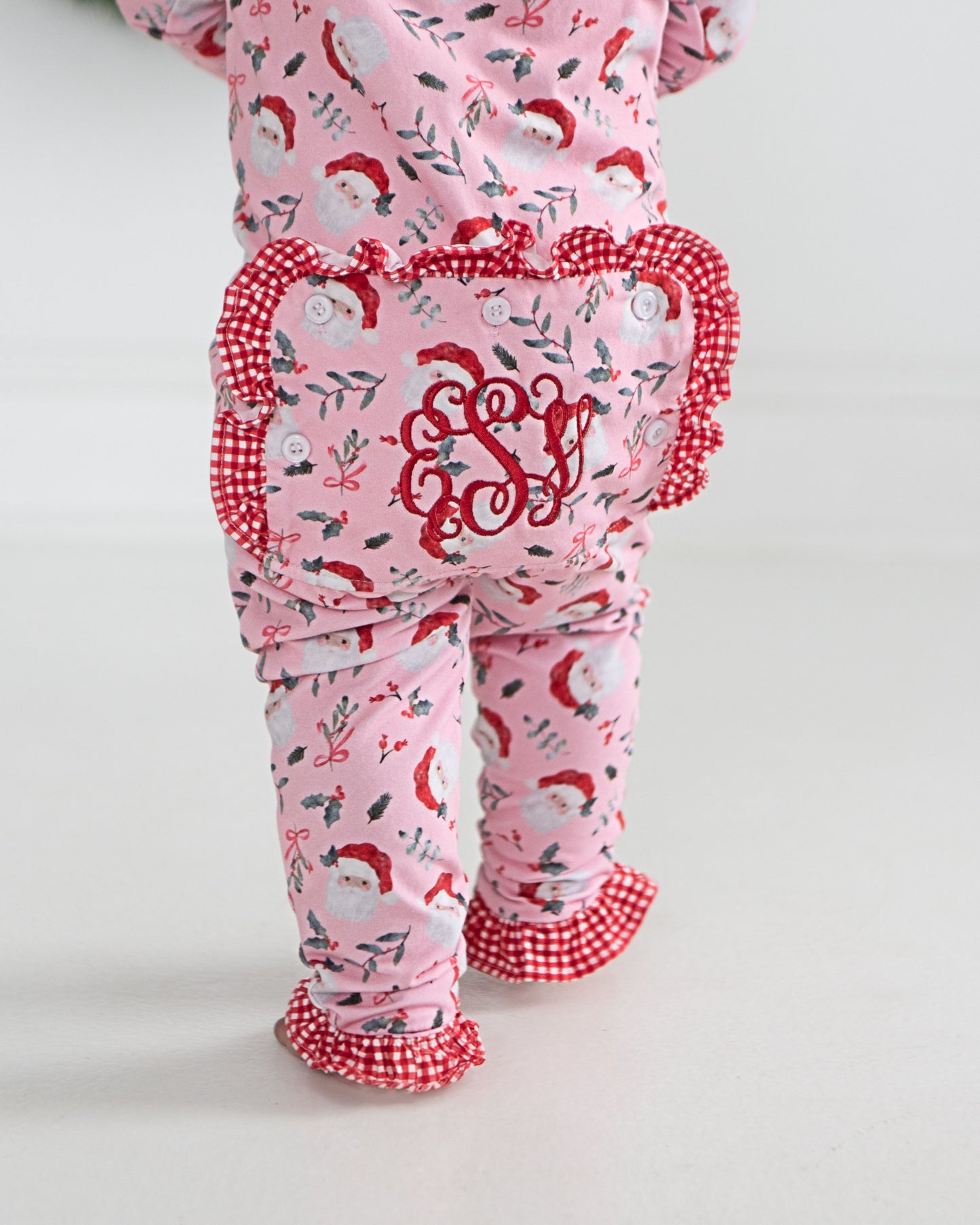 Pink Knit Santa And Holly Zipper Pajamas