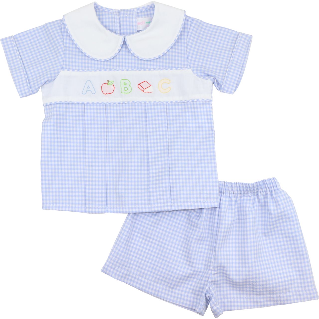 Blue Gingham Shadow Embroidered ABC Short Set