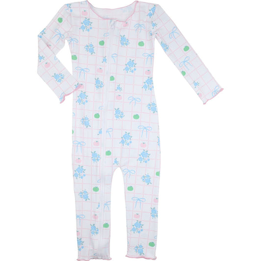 Zipper pajama with colorful floral and pumpkin pattern on a white background