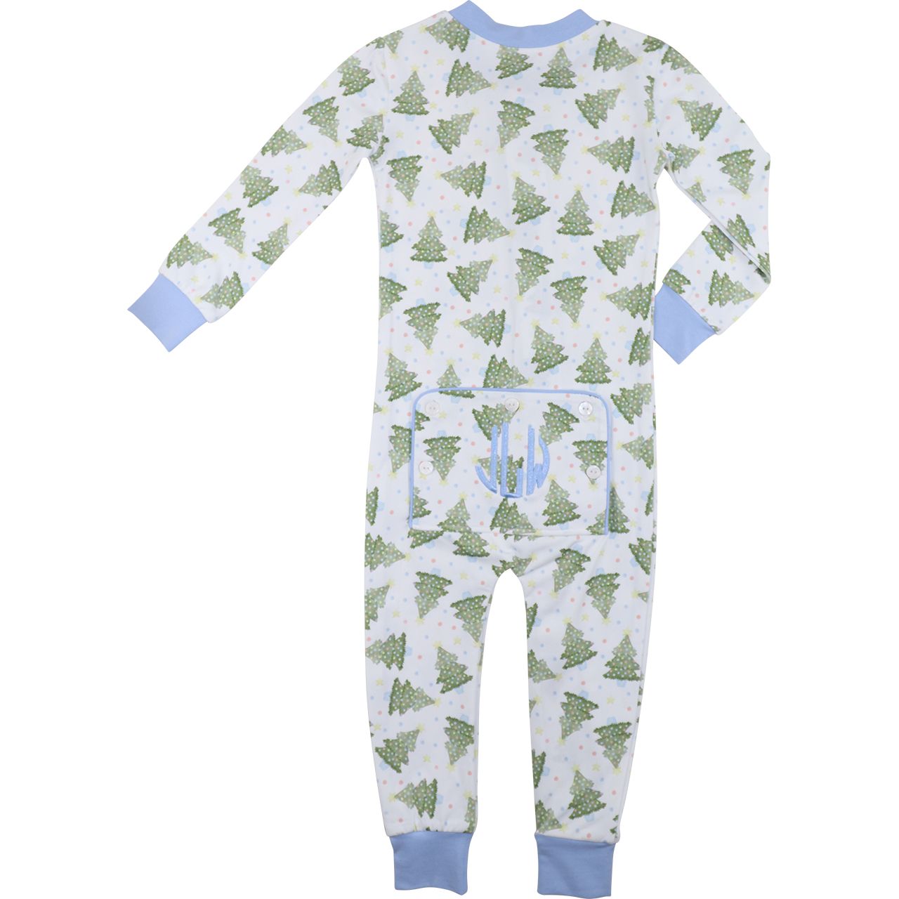 Blue Knit Christmas Tree Print Zipper Pajamas