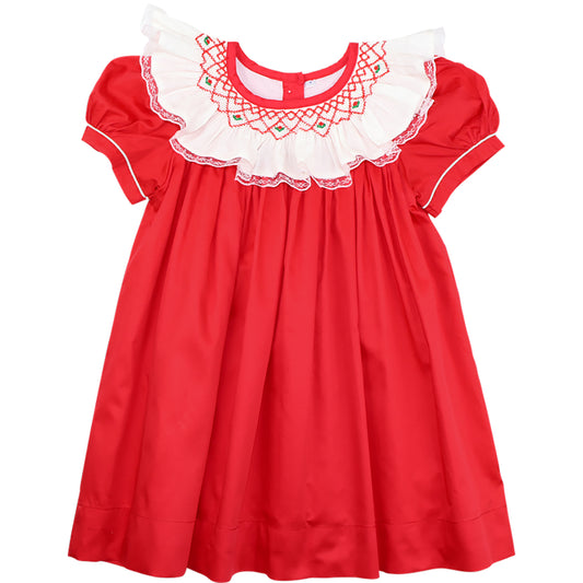 Red Smocked Lace Collar Dress